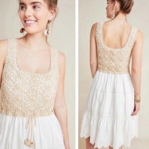 Anthropologie Crochet Tank Midi Dress White Eyelet Boho Summer Size Small